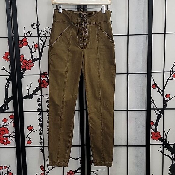 ALC Womens Green Lace Up Fly Jeans Pants Drawstring Side Zip Size 4 - Picture 1 of 7